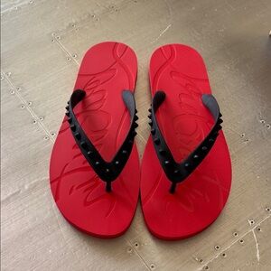 Christian Louboutin loubi flip flat thong sandal spike black red sz 46